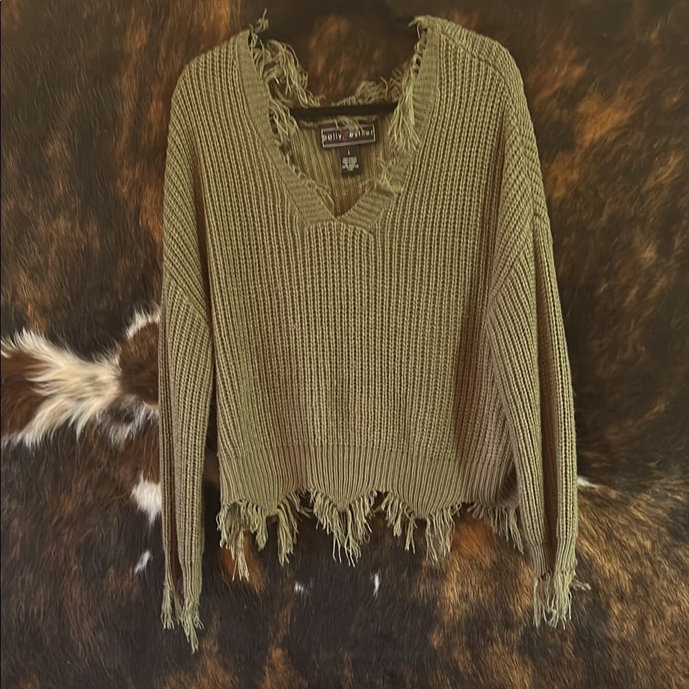 Polly & Esther Green V-Neck Sweater Ribbed Knit